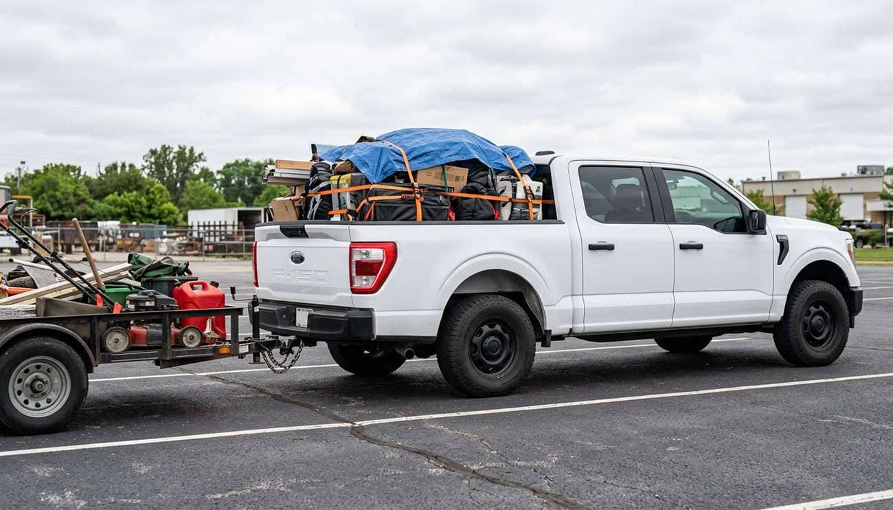 Loaded pickup truck sitting low in the rear with cargo in the bed and a trailer attached