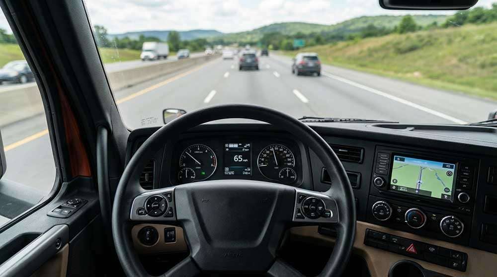 Truck dashboard showing speedometer and tachometer gauges while driving