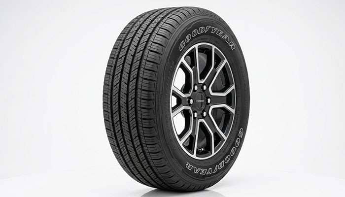 Highway truck and SUV all-season tire mounted on a pickup wheel on a clean white seamless studio backdrop