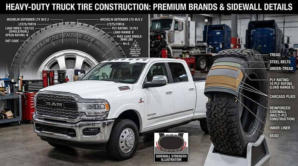 Heavy-duty truck tires from premium brands mounted on full-size pickup truck showing sidewall construction