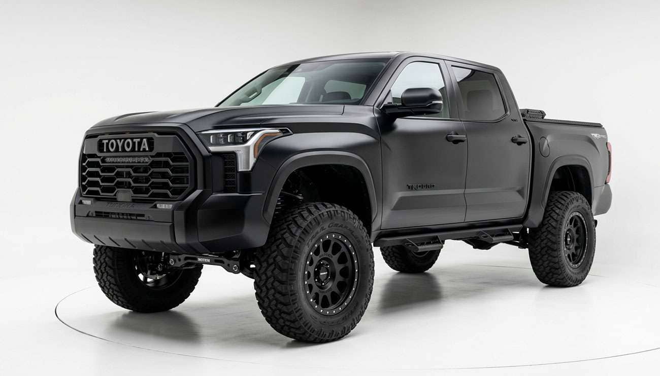 Lifted pickup truck with off-road wheel and tire package