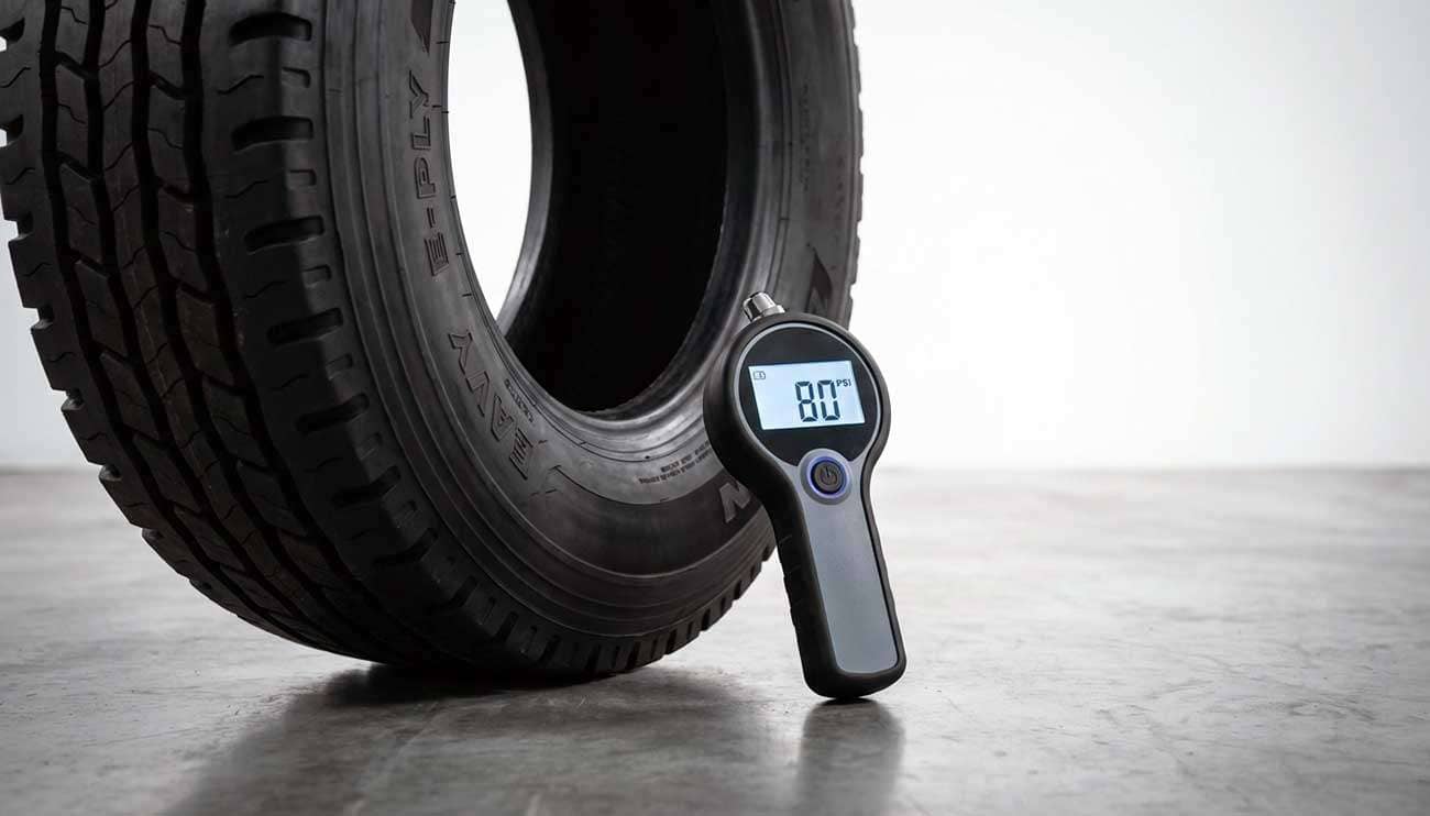 Close-up of a truck tire next to a digital pressure gage reading 80 PSI on a warehouse floor