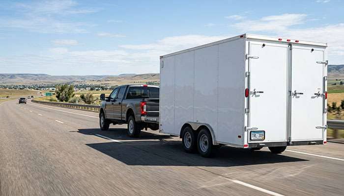 Pickup truck towing a loaded trailer on a highway at speed