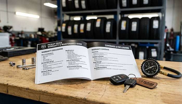 Pickup truck warranty booklet open to the What Is Not Covered section on a workbench next to a set of truck keys and a tire pressure gauge