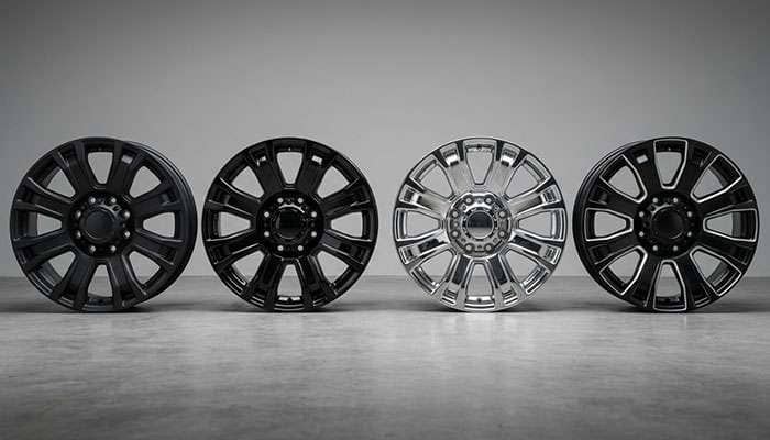 Lineup of truck wheel finishes showing matte black gloss black chrome and milled options