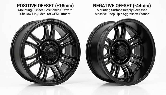 Two pickup truck wheels side by side showing the difference between positive and negative offset
