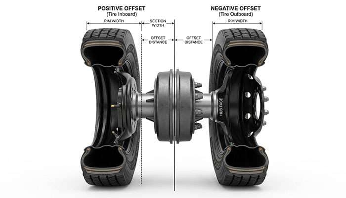 Diagram showing how wheel offset and rim width change the outboard position of a truck tire relative to the fender