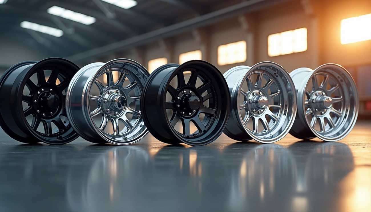 Various black and chrome truck wheels displayed in a row inside a spacious, sunlit warehouse