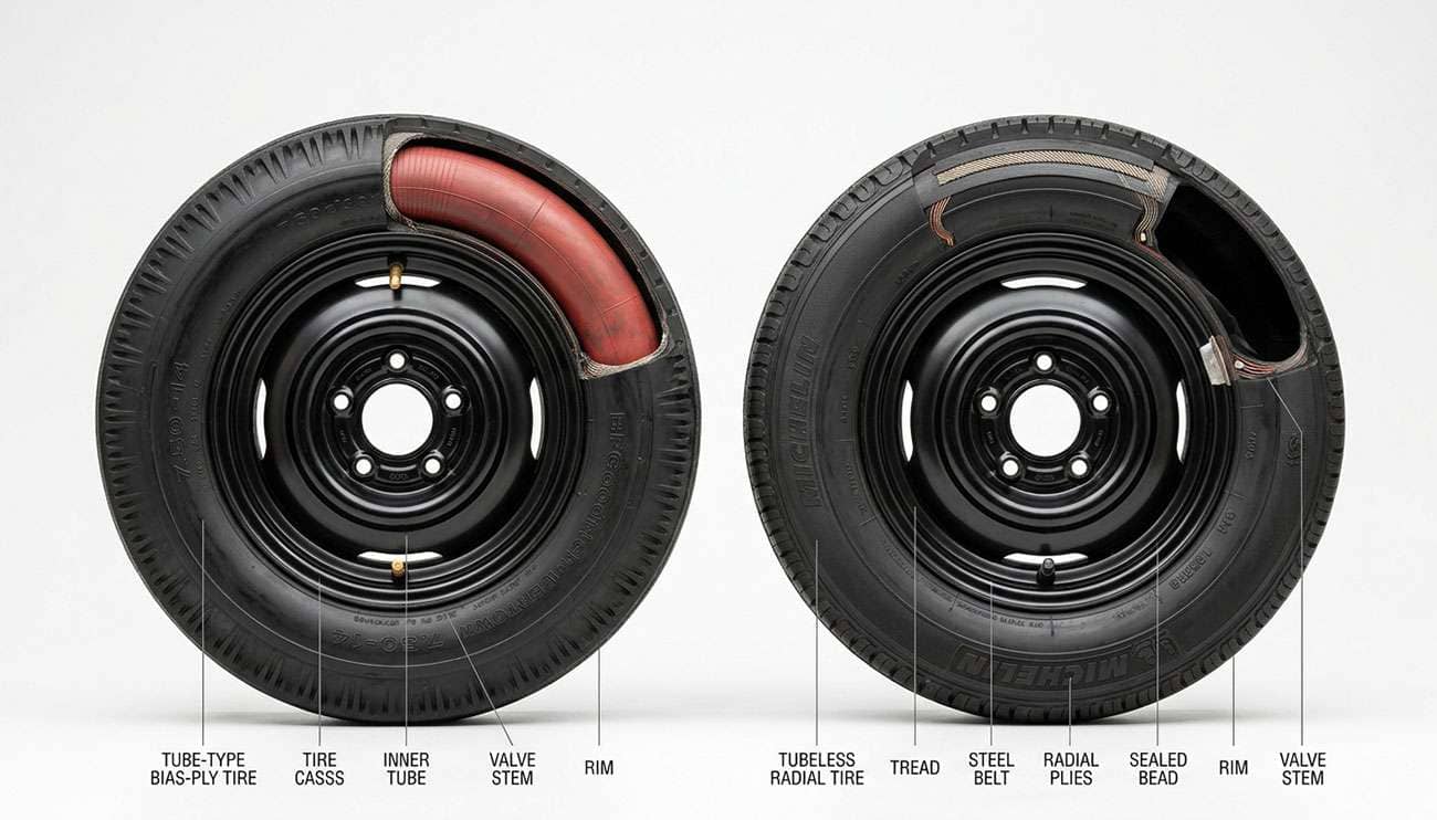 Cutaway comparison of a tube-type tire with inner tube and a tubeless tire on a white studio backdrop