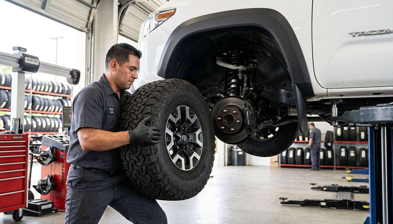 Six-lug Tundra alloy wheel being test-fitted onto the front hub of a midsize Tacoma pickup in a tire shop