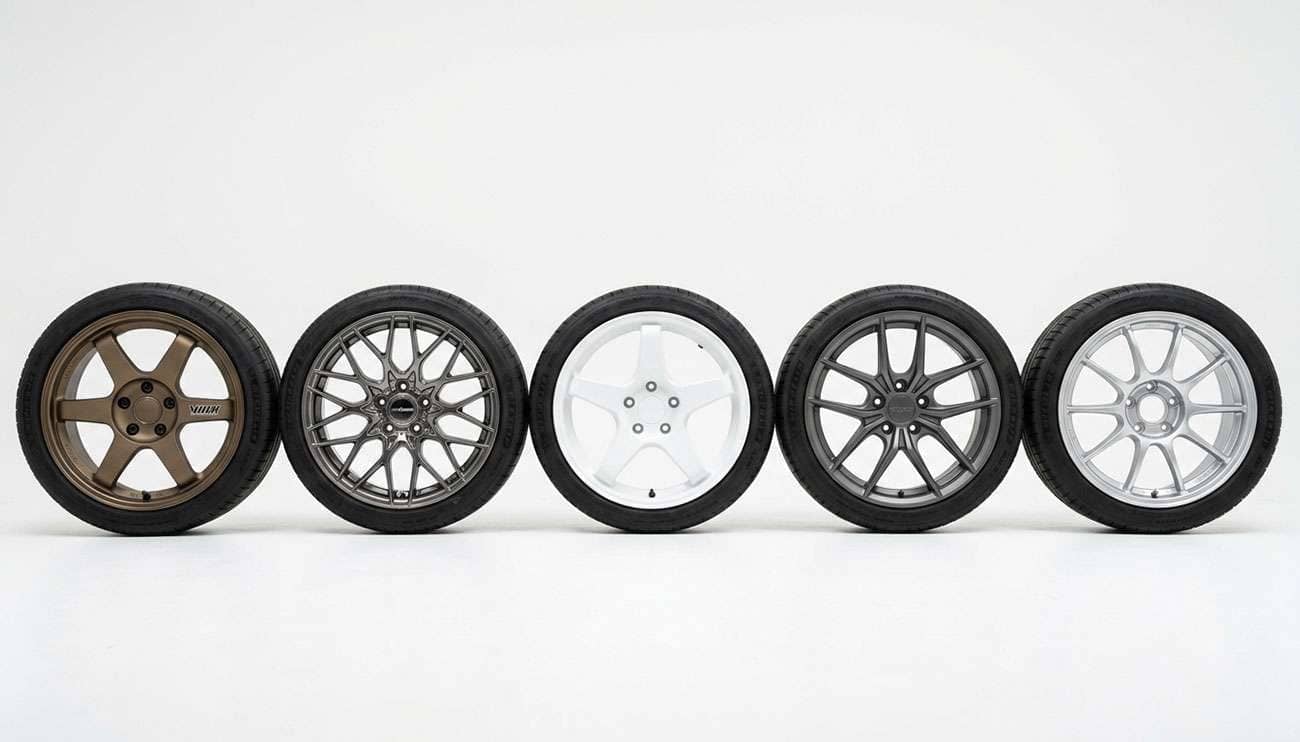 Collection of lightweight tuner wheels in different spoke designs displayed on a clean white studio surface