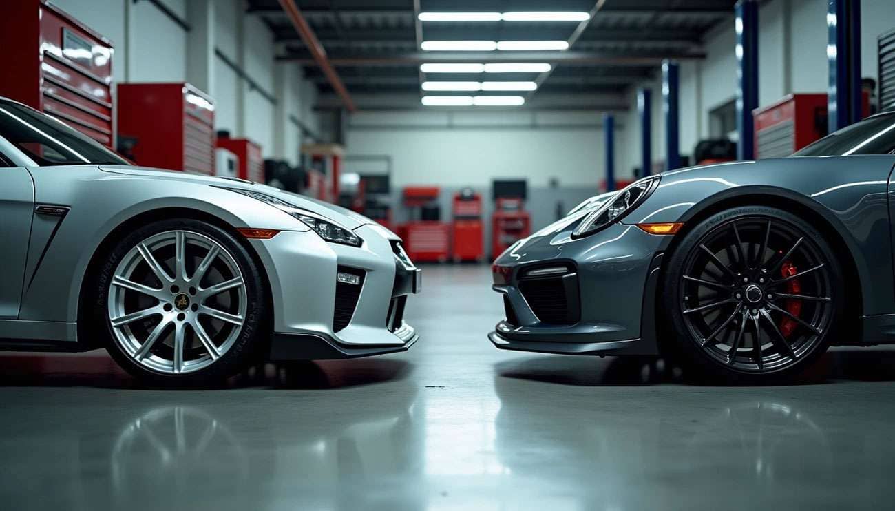 Two sports cars with tuner wheels facing each other in a well-lit automotive workshop