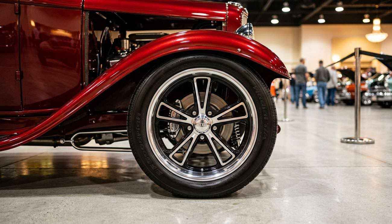 Gloss black wheel with a bright machined face and diamond-cut lip mounted on a classic hot rod