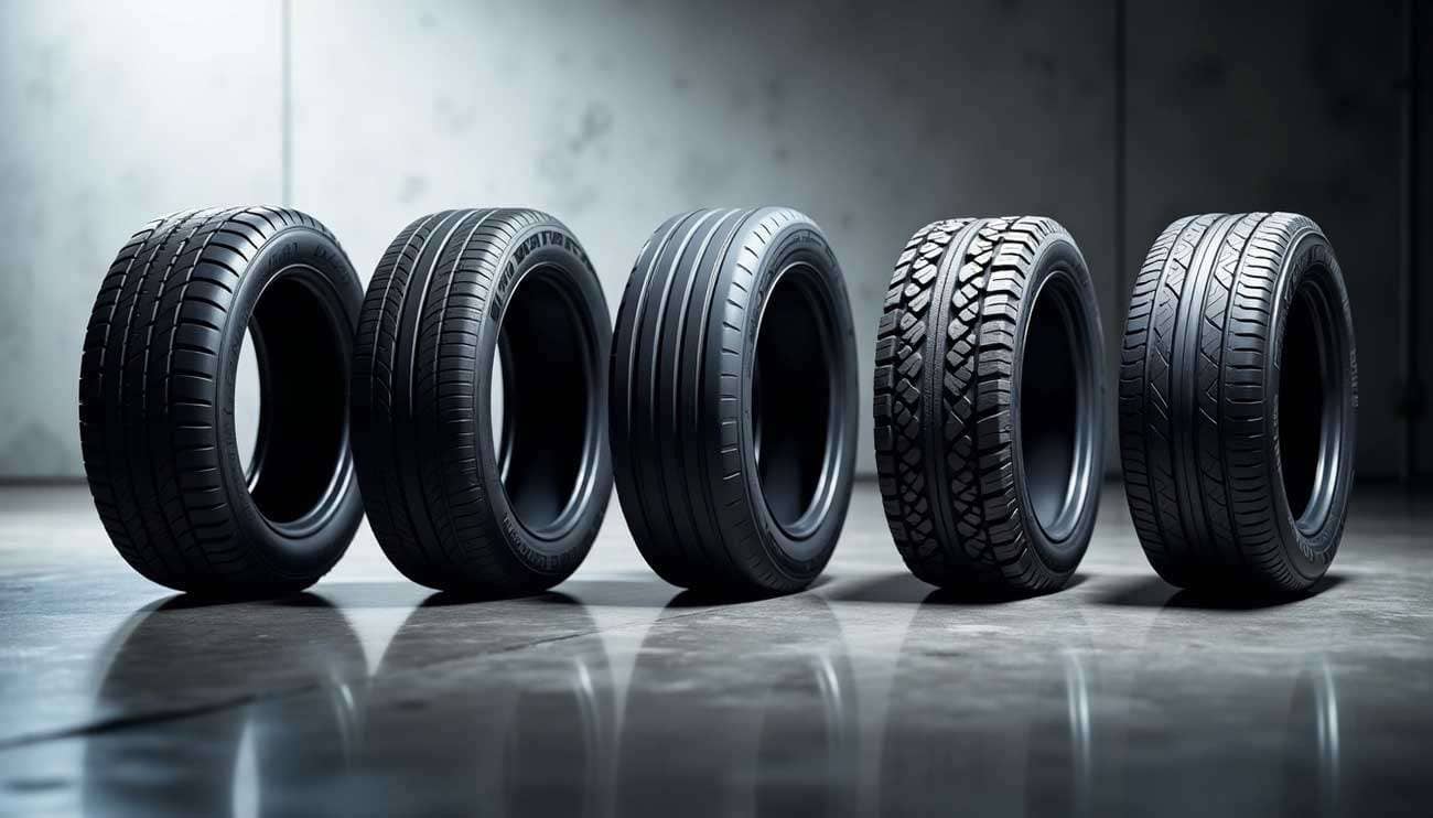 Five different car tires with various tread patterns displayed on a reflective floor in a dimly lit room