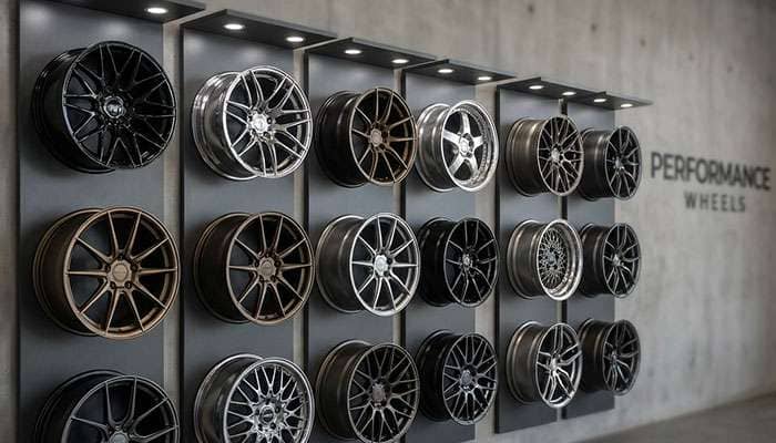 Various styles of car rims displayed on a wall with the text Types of Car Wheels overlaid