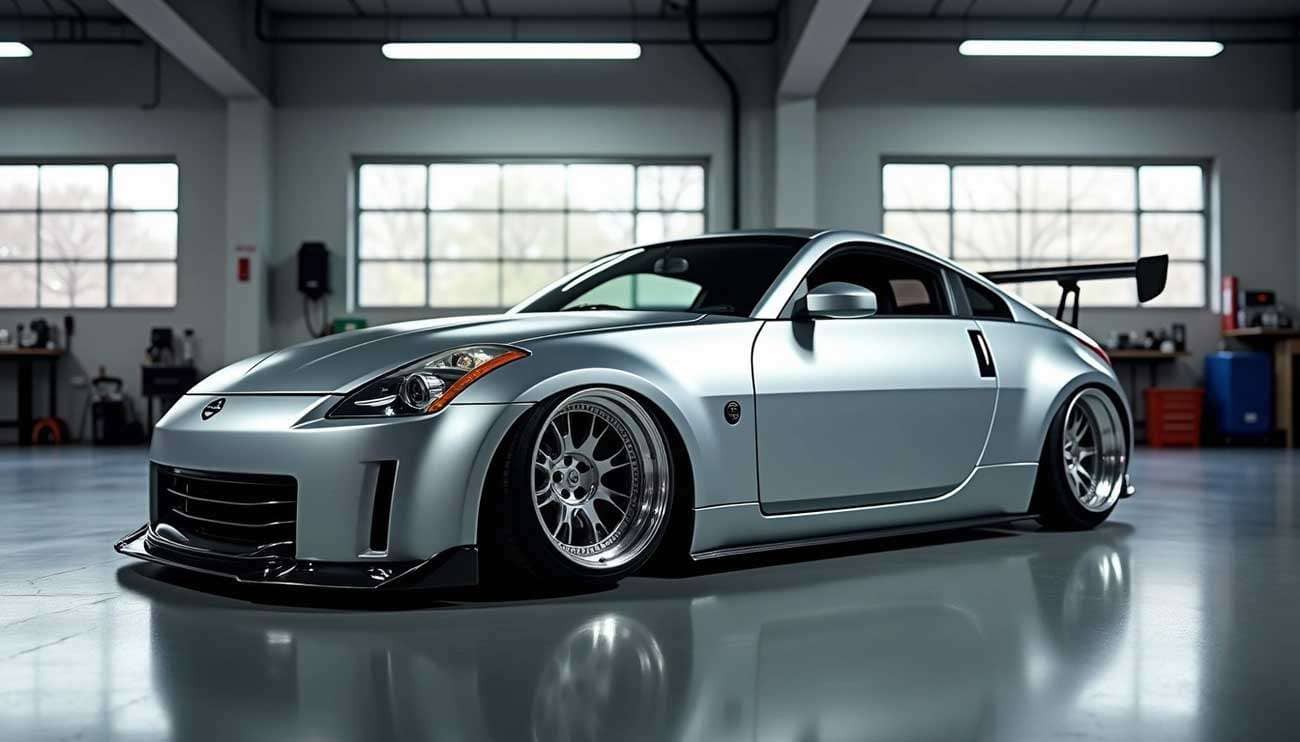 Silver sports car with custom wide wheels and aggressive rear spoiler in bright garage setting