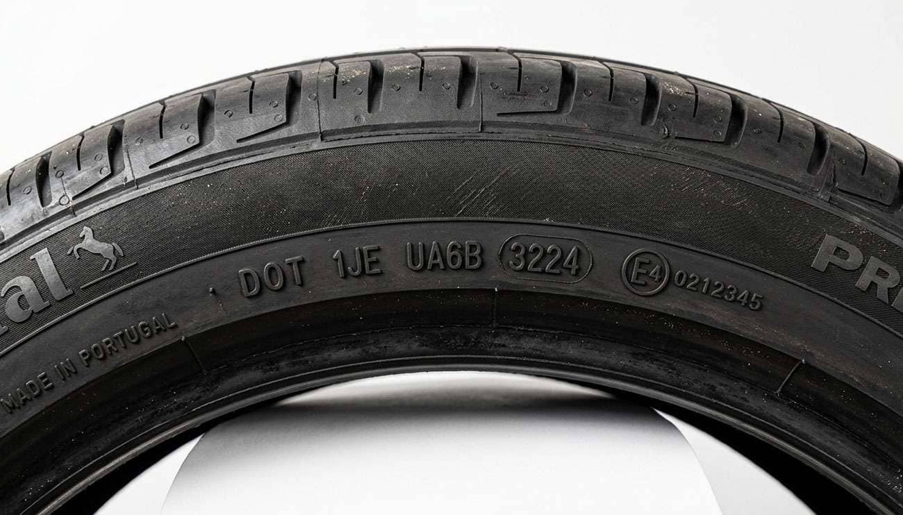 Tire sidewall showing both a DOT code and a circled E-mark certification stamp