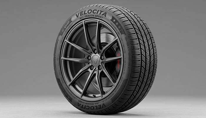 Ultra-high-performance all-season tire mounted on a performance car wheel showing detailed sidewall and shoulder area