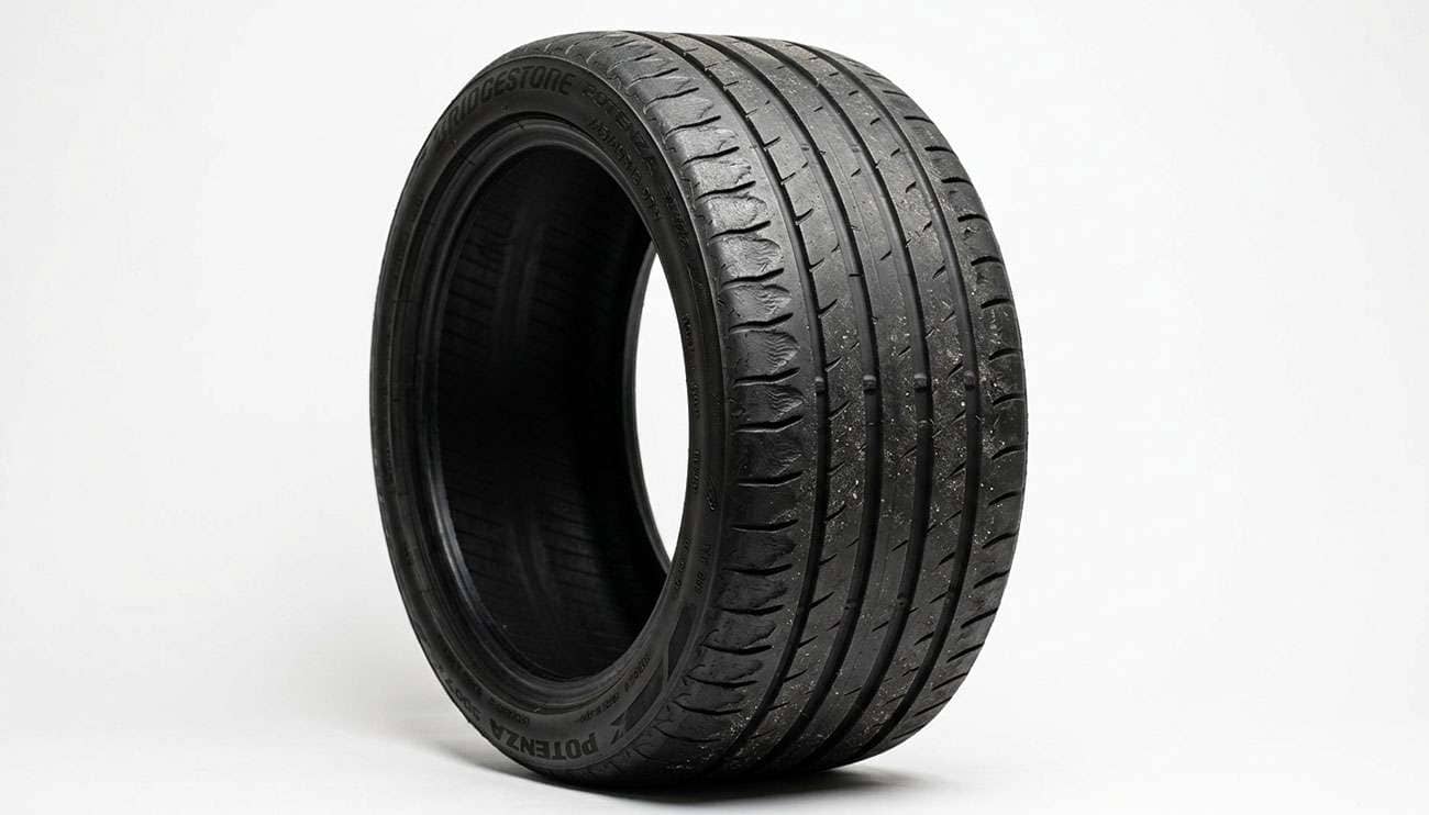 Modern performance tire showing scalloped cupping wear across the shoulder from driving on unbalanced tires
