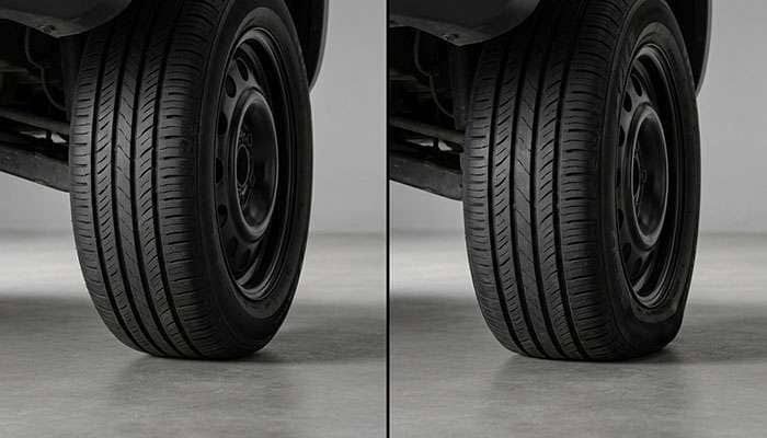Comparison of properly inflated tire versus underinflated tire showing visible sidewall bulge