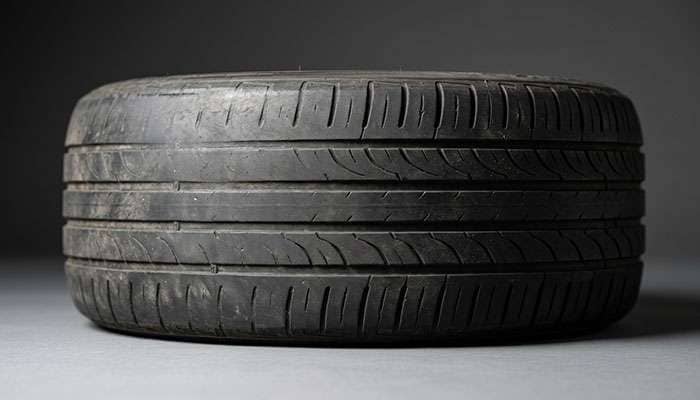 Detail of tire showing uneven inner edge wear pattern from improper alignment