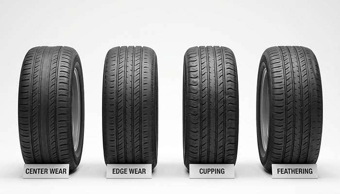 Passenger car tires displaying various uneven wear patterns on the tread surface for comparison and analysis