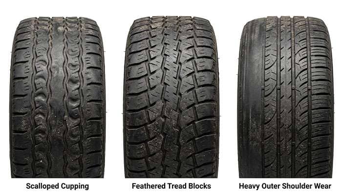 Comparison of uneven tire wear patterns including cupping feathering and one sided shoulder wear