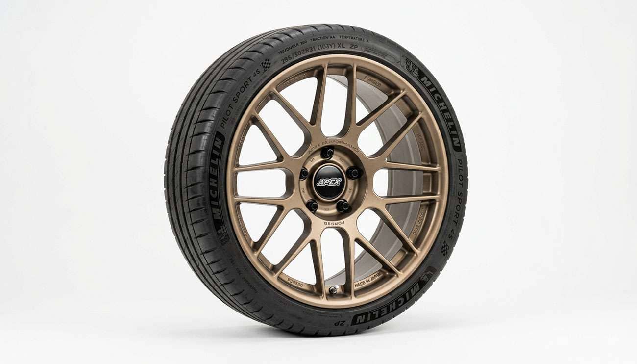 Lightweight forged wheel and tire shown to illustrate unsprung weight