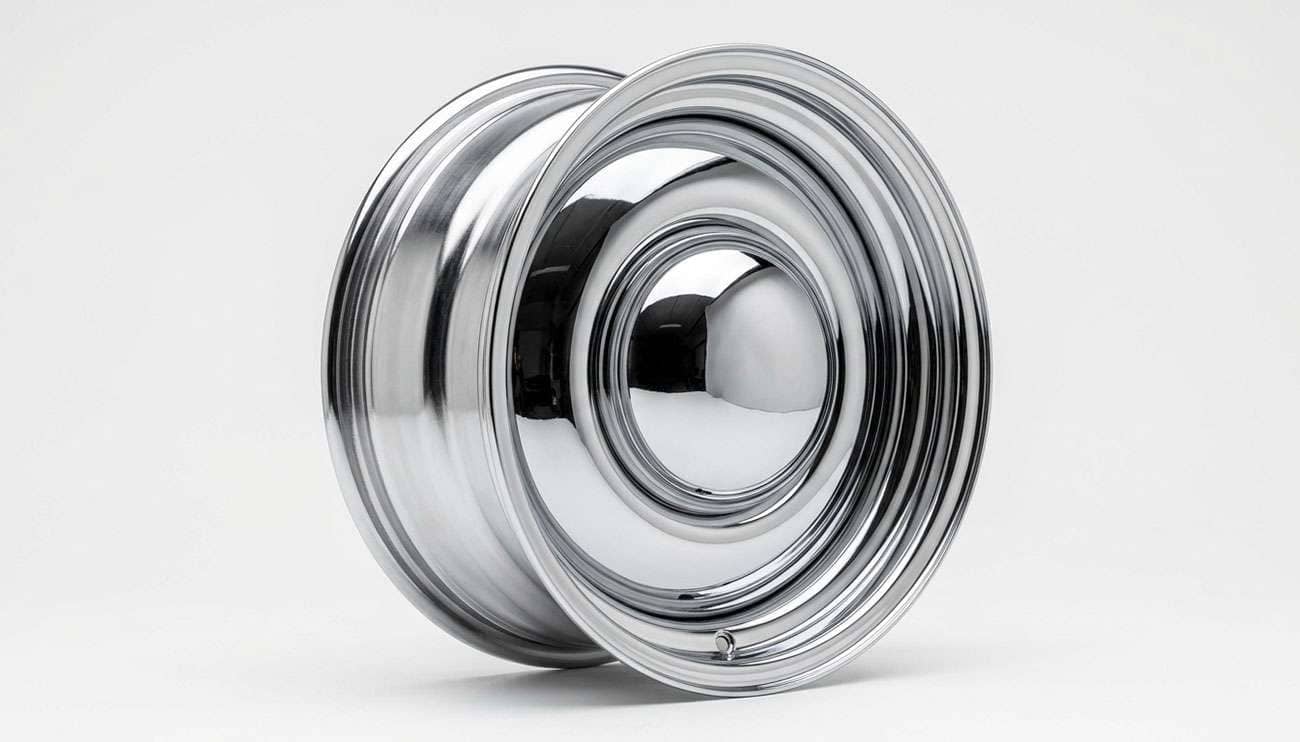 Classic chrome U.S. Wheel smoothie-style steel wheel on a white studio background