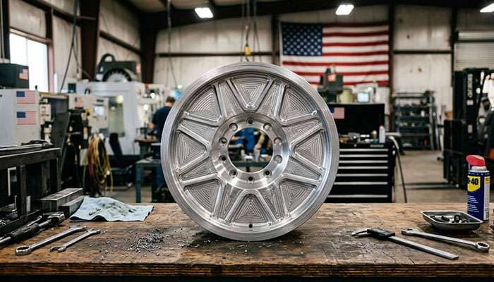 American flag and factory floor concept showing American wheel manufacturing