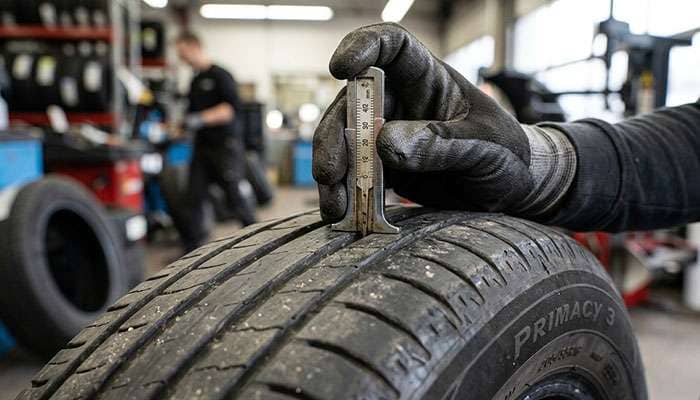 Tread depth gauge measuring the remaining tread on a used tire