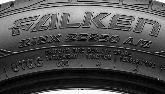 Falken Ziex ZE950 A/S sidewall showing UTQG treadwear traction and temperature grade markings