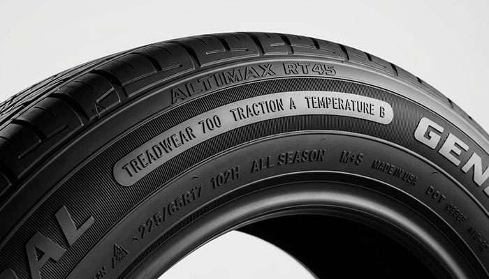 Close-up of the UTQG treadwear, traction, and temperature grades molded on a General AltiMax RT45 sidewall