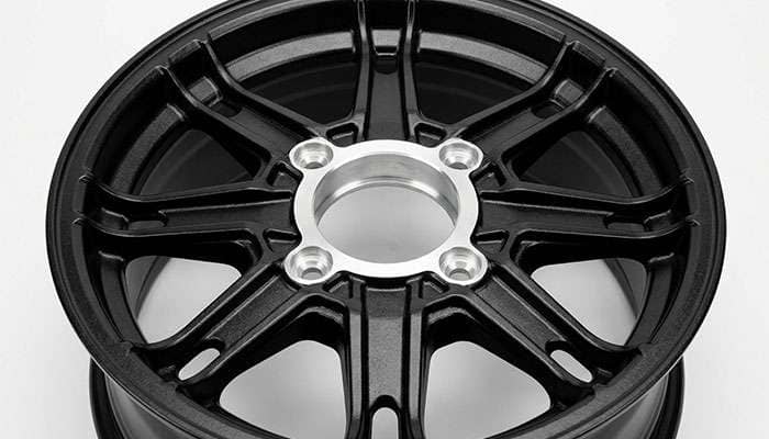 Back of a UTV wheel showing the machined center bore and four lug holes