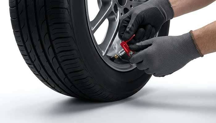 Person repairing a leaking bike tire valve on the roadside using a small tool.