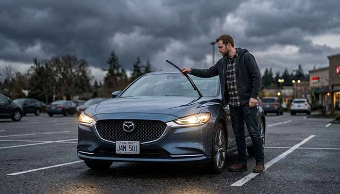 Driver checking windshield wipers and headlights before rain storm