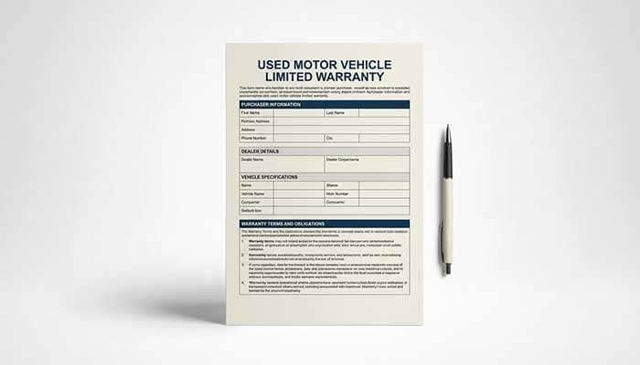 Used motor vehicle limited warranty form detailing purchaser, dealer, vehicle info, warranty terms, and obligations