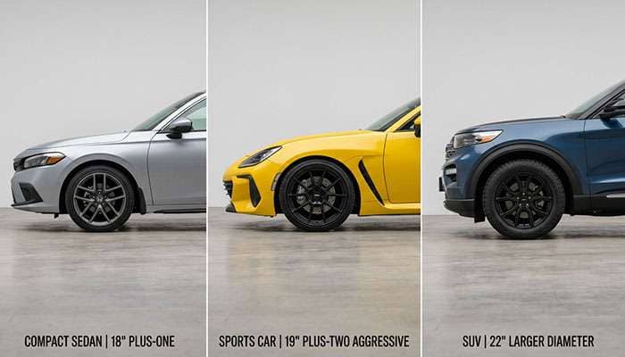Different vehicle types showing appropriate wheel size upgrades