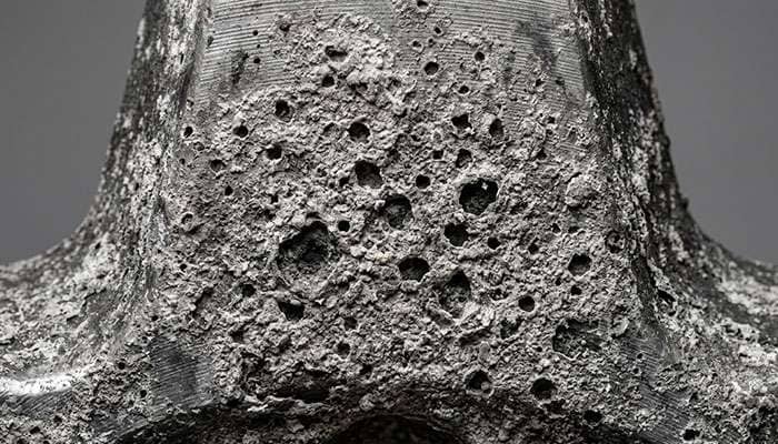Close-up of heavy oxidation and surface pitting on a vintage cast aluminum wheel from long-term exposure to weather