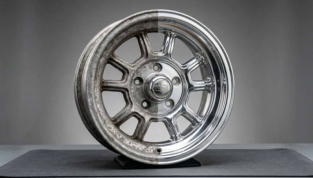 Vintage cast aluminum wheel in mid-restoration showing contrast between heavily oxidized unpolished section and mirror-polished restored section