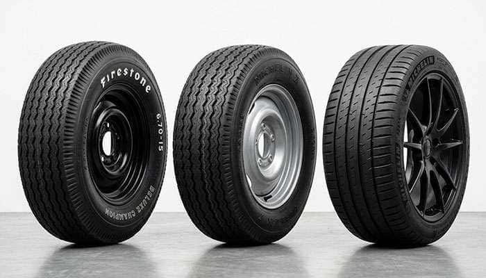 Side-by-side comparison of a vintage bias-ply tire authentic bias-look radial tire and modern blackwall radial tire at the same size showing construction and appearance differences