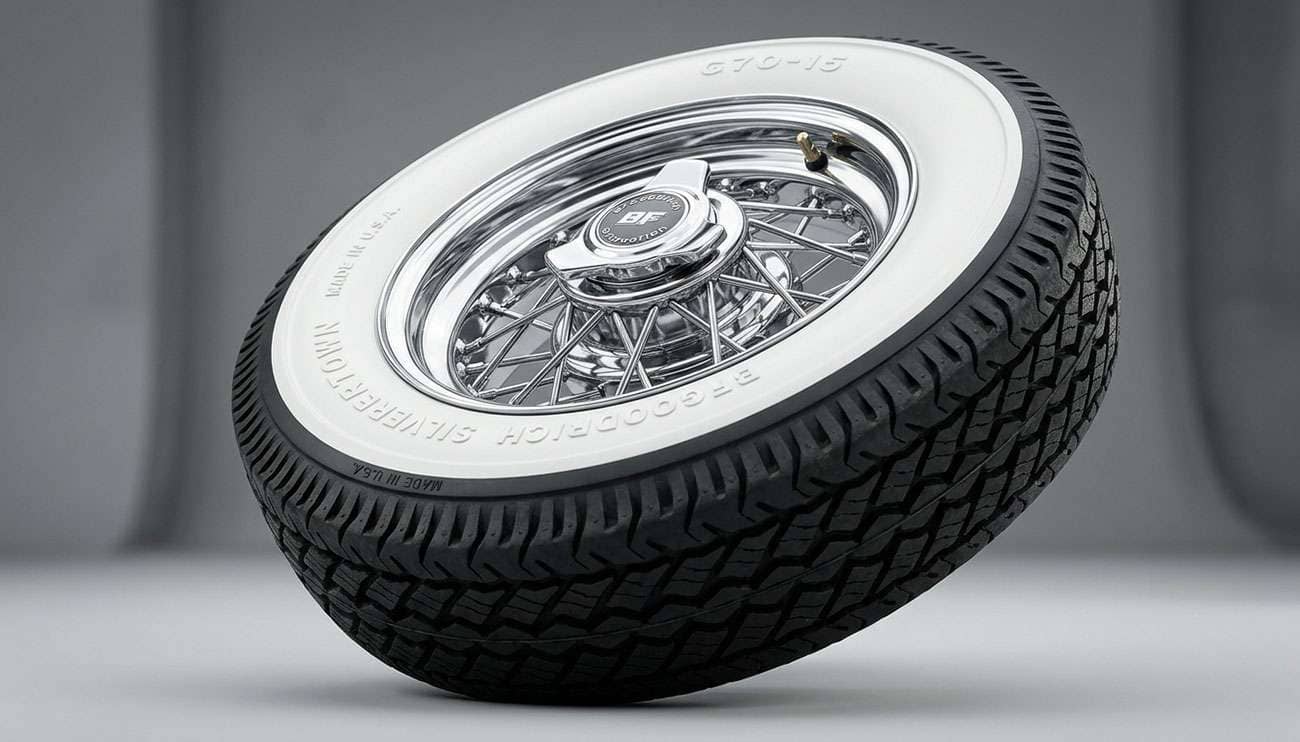 Close-up of a premium vintage-correct wide whitewall tire mounted on a polished classic car rim showing period-correct styling and construction