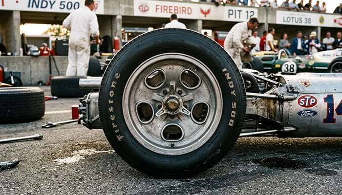 vintage Halibrand-style magnesium racing wheel from the 1960s with kidney bean spoke design on a classic American race car