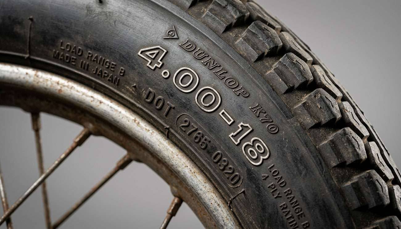Close-up of a vintage motorcycle tire sidewall showing size markings and DOT codes