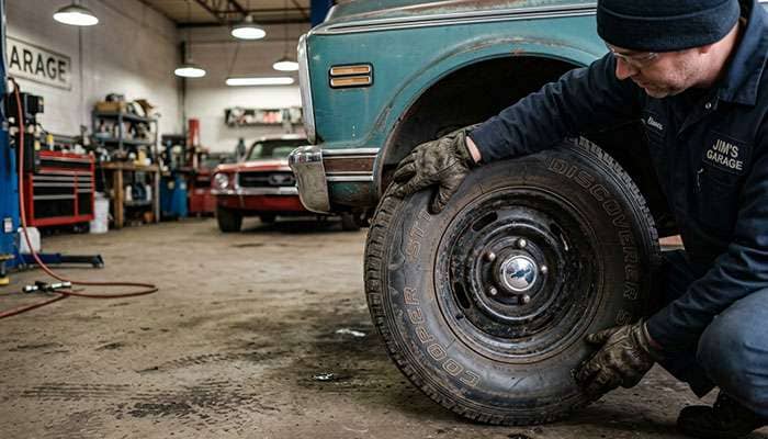 mechanic inspecting a vintage car tire sidewall for cracks and dry rot during a classic car safety check