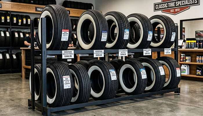 Specialty tire shop display showing premium vintage-correct whitewall and classic car tires with price tags visible demonstrating the premium pricing of the category