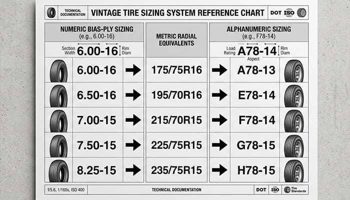 vintage tire sizing chart showing bias-ply numeric and alphanumeric systems side by side with modern metric equivalents