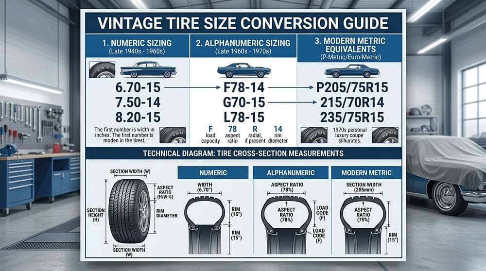 Classic car tire size chart showing numeric, alphanumeric and metric tire size conversions for vintage automobiles