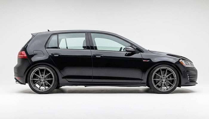 Side view of a black Volkswagen GTI with text about fitment guide for MK5 to MK8 models and a fit check badge