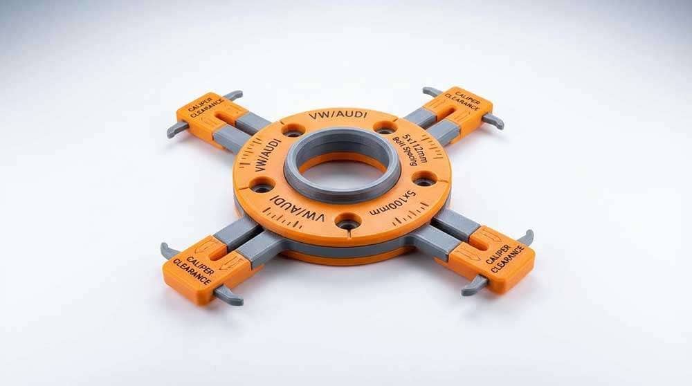 3D printed VW and Audi wheel and brake fitment template showing alignment and spacing details